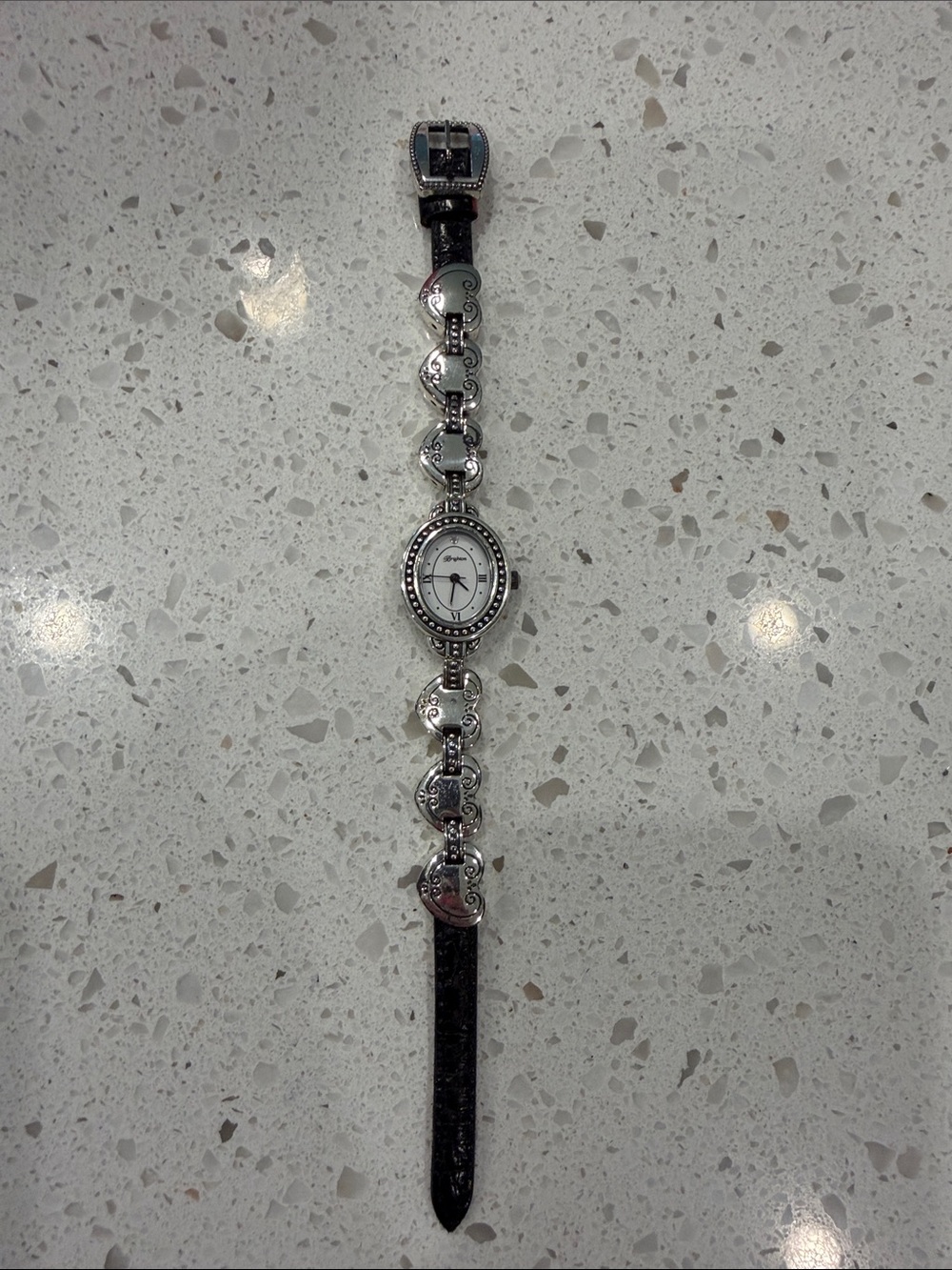 Brighton Silver Heart Link Watch with Black Strap and White Dial
